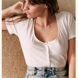 Sezane Milo Scoopneck Cotton and Linen TShirt - White/Ecru, size XS